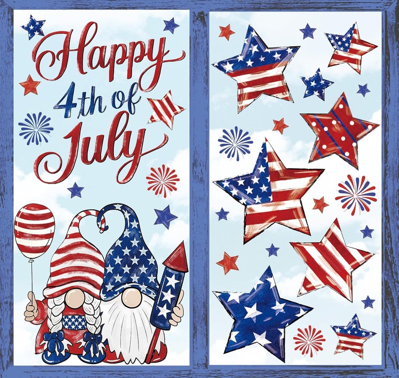 Whaline 6 Sheets Patriotic Window Clings Happy 4th of July USA Gnome Star Firework Reusable Window Decals for Independence Day Memorial Day Home Glass Party Decor - Image 1